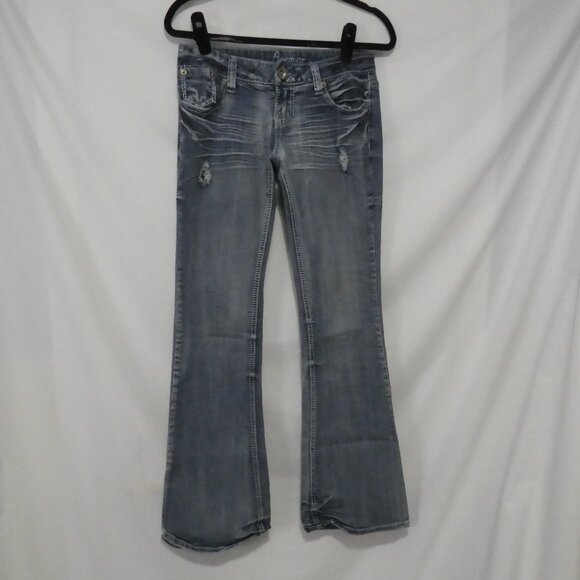 AMETHYST | 14 inch waist measured | Distressed Faded Blue Flare Jeans - Picture 1 of 16